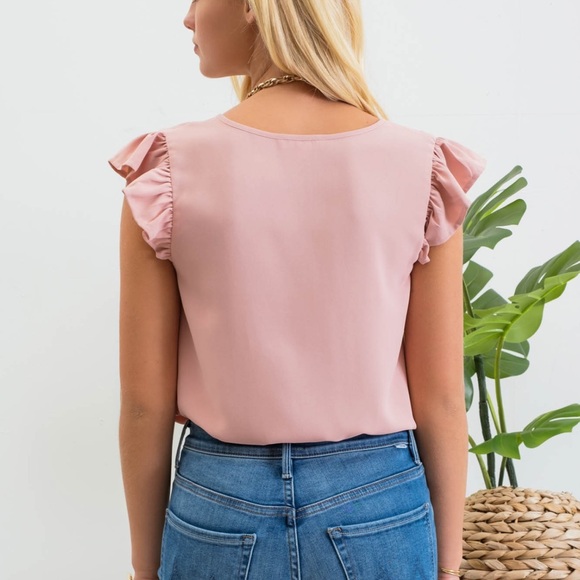 Split Neck Ruffle Sleeve Blouse Blush - Picture 2 of 2